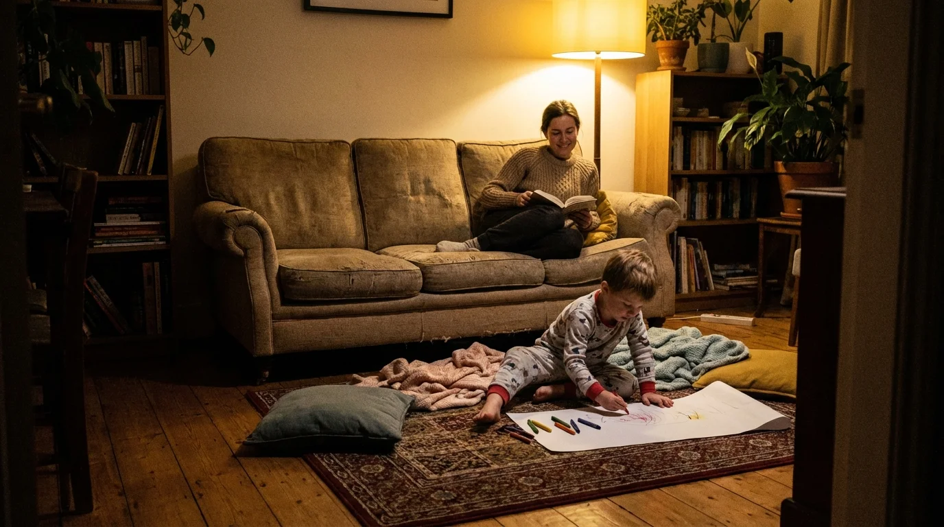 Child playing happily and independently, giving parents a moment of peace.
